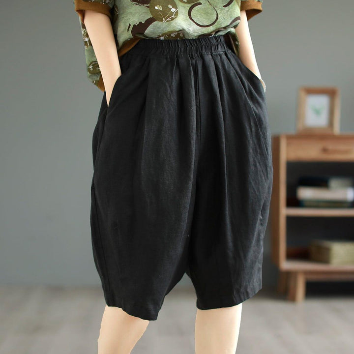 Women Summer Solid Retro Linen Casual Shorts - ZYLIRA