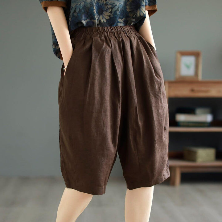 Women Summer Solid Retro Linen Casual Shorts - ZYLIRA