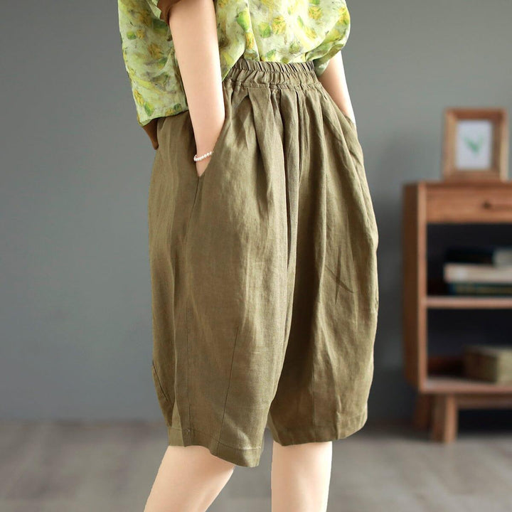 Women Summer Solid Retro Linen Casual Shorts - ZYLIRA