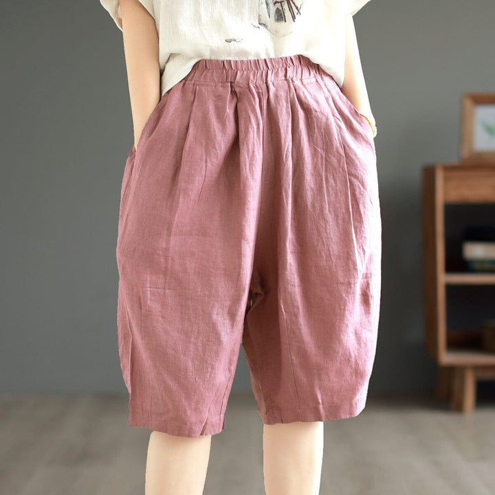 Women Summer Solid Retro Linen Casual Shorts - ZYLIRA