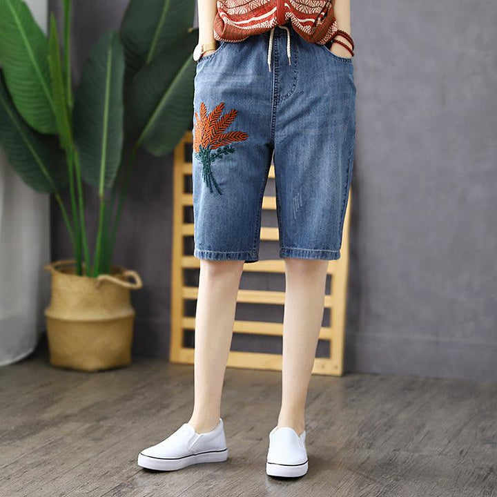 Women Summer Vintage Embroidery Cotton Denim Shorts - ZYLIRA