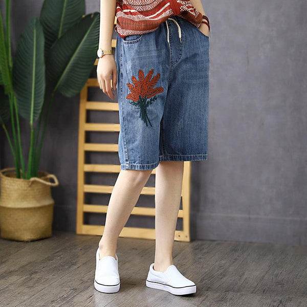 Women Summer Vintage Embroidery Cotton Denim Shorts - ZYLIRA