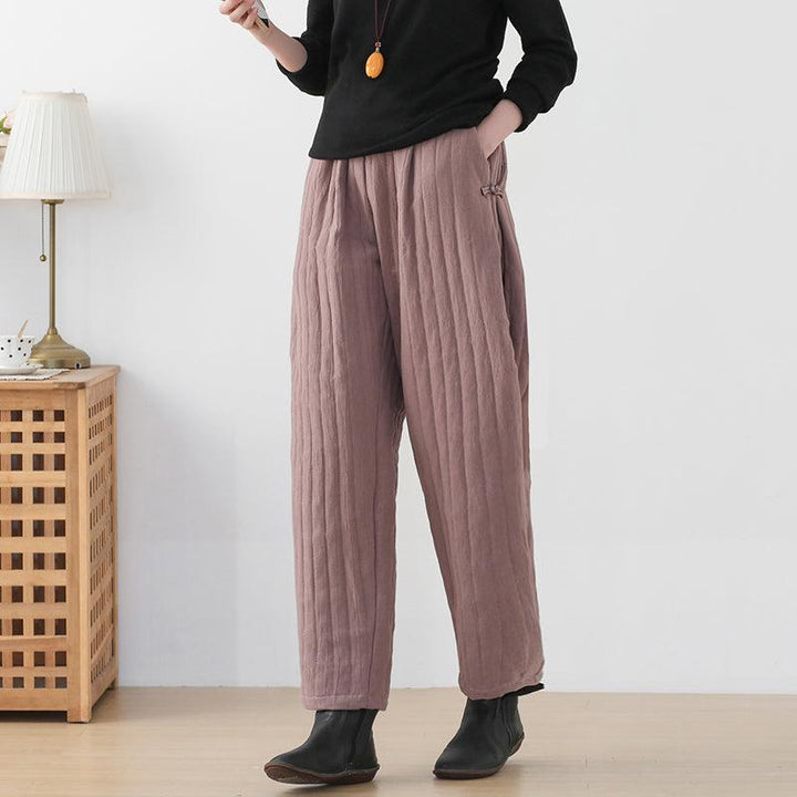 Women Winter Solid Stripe Cotton Padded Loose Pants - ZYLIRA