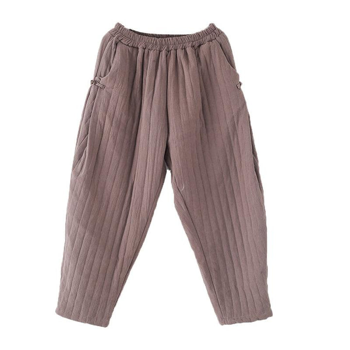 Women Winter Solid Stripe Cotton Padded Loose Pants - ZYLIRA