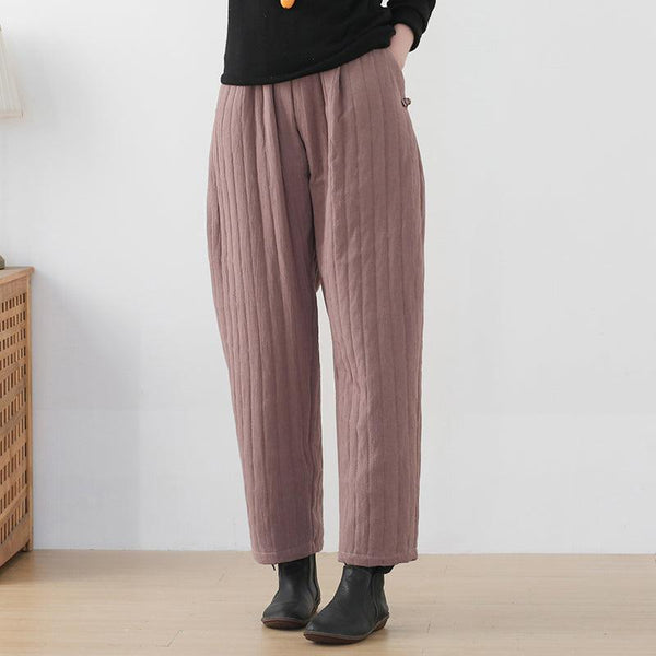 Women Winter Solid Stripe Cotton Padded Loose Pants - ZYLIRA