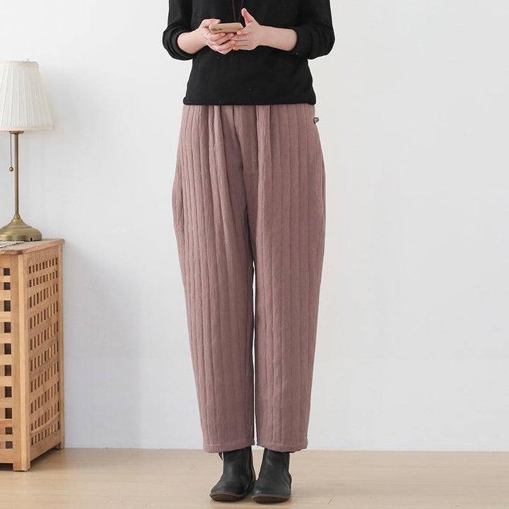 Women Winter Solid Stripe Cotton Padded Loose Pants - ZYLIRA