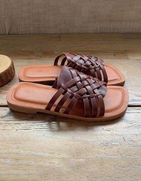 Vintage Leather Summer Woven Slides - ZYLIRA